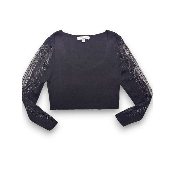 Sweet Rain Black Embellished Knit Crop Top W/ Lace Sleeves Size Medium - Picture 10 of 13